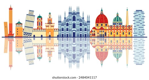 Italy web banner with travel monuments and popular buildings with reflections. Italian architectural landmarks and famous cultural symbols of Rome, Florence, Milan, Pisa, Bologna and other cities.