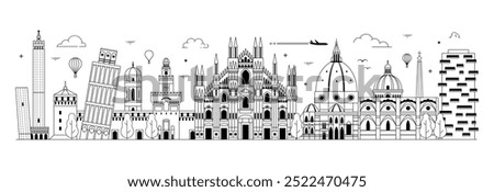 Italy web banner with travel monuments and popular buildings in line art. Italian architectural landmarks and famous cultural symbols of Rome, Florence, Milan, Pisa, Bologna and other cities.
