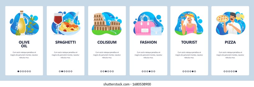Italy web site and mobile app onboarding screens. Menu banner vector template for travel website and application development with blue abstract shapes. Italy tourist attractions, fashion, food cuisine