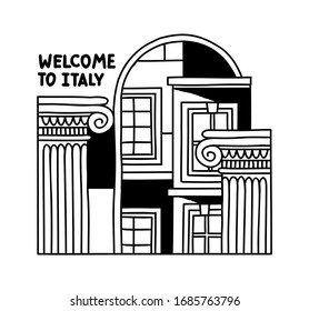Italy welcome card, banner, illustration, composition of cute houses and columns
