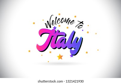 Italy Welcome To Word Text with Purple Pink Handwritten Font and Yellow Stars Shape Design Vector Illusration.