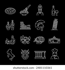 Italy, white line icons. Icons depicting Italian attractions and cultural symbols. travel and cultural themes. Symbols on black background. Editable stroke.