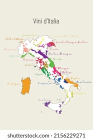 Italy wine region map Map of Italy Map of Italian vineyards Map with Italy wine regions in Italian language, Vini d'Italia. Italy and its wine regions like Veneto, Umbria, Sicilia, Abruzzo, Toscana