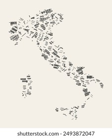 Italy Word Cloud. Country with regions division. Italy typographic text clouds vector image design. Vintage gazette style country shape image. Amazing vector illustration.