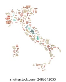 Italy Word Cloud. Country shape with region division. Italy typography style image. Region names tag clouds. Vector illustration.
