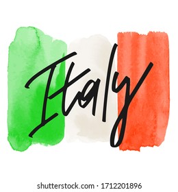 Italy word on italian flag. Italy symbols and illustrations. Hand lettering for postcard, invitation, T-shirt ,typography, print design, banner, poster, web, icon. Vector illustration