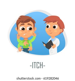 Itch medical concept. Vector illustration. Doctor and patient are talking in the hospital. Isolated on white background.