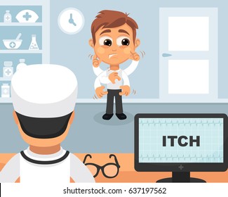 Itch medical concept. Vector illustration. Doctor and patient are talking in the hospital. Isolated on white background.