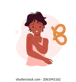 Síntoma alérgico picante en la ilustración vectorial infantil enferma. Caricatura de una chica malsana raspando los brazos después de comer un bollo de trigo, alérgenos en los alimentos aislados en blanco. Alergia gluten, concepto de medicina