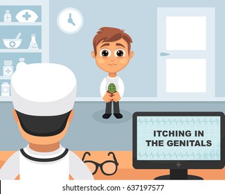 Itching in the genitals medical concept. Vector illustration. Doctor and patient are talking in the hospital. Isolated on white background.