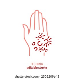 Itching icon. Editable stroke. Eczema, psoriasis linear sign. Medical pictogram in outline style. Skin irritation symbol. Vector illustration isolated on a white background