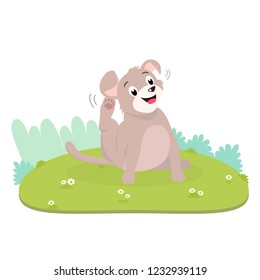 The itchy dog try to scratch his itch skin that cause by flea inside fur. Vector cartoon for concept of disease in pet and veterinary doctor.