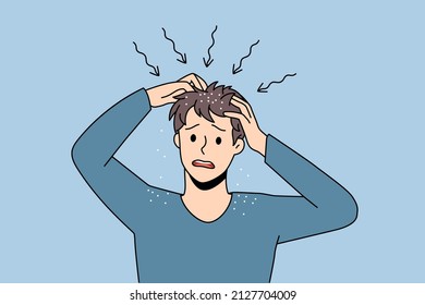 Itchy head and dandruff concept. Stressed irritated man standing and having itchy scalp feeling problems with health and scratching hair vector illustration 