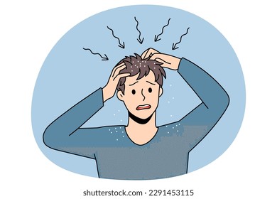 Itchy head and dandruff concept. Stressed irritated man standing and having itchy scalp feeling problems with health and scratching hair vector illustration