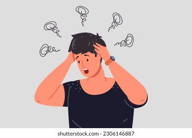 Itchy head. Nervous man scratching scalp of hands, dandruff in messed hair or clothing, guy with dry itching skin dermatitis infestation psoriasis problem vector illustration of head problem hair