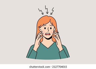 Itchy head and scalp concept. Stressed irritated woman standing and having itchy cheeks and scalp feeling problems with health vector illustration 