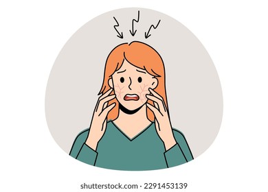 Itchy head and scalp concept. Stressed irritated woman standing and having itchy cheeks and scalp feeling problems with health vector illustration