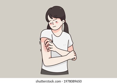 Itchy skin, allergy, skin problems concept. Young frustrated girl cartoon character standing touching red damaged skin over grey background vector illustration 