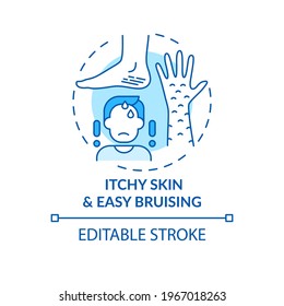 Itchy skin and easy bruising concept icon. Liver disease sign idea thin line illustration. Itching sensations. Diabetes complications. Vector isolated outline RGB color drawing. Editable stroke