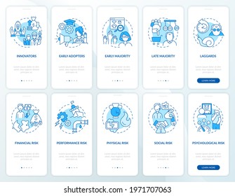 Item adoption onboarding mobile app page screen with concepts set. Innovator, laggard, social risk walkthrough 5 steps graphic instructions. UI, UX, GUI vector template with linear color illustrations