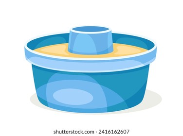 Item for baking concept. Blue saucepan with dough. Cooking and preparation of homemade eating. Sticker for social networks. Cartoon flat vector illustration isolated on white background