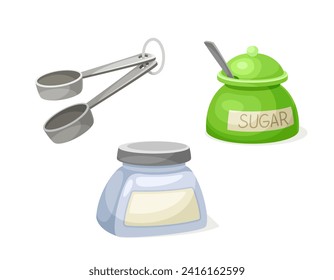 Item for baking concept. Green sugar vase and glass salt. Cooking and preparation of homemade eating. Poster or banner. Cartoon flat vector illustration isolated on white background