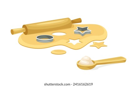 Concepto de cocción. Moldes y rodillos con masa. Cocina y preparación de comida casera. Afiche o pancarta. Dibujo vectorial plano de dibujos animados aislado en fondo blanco