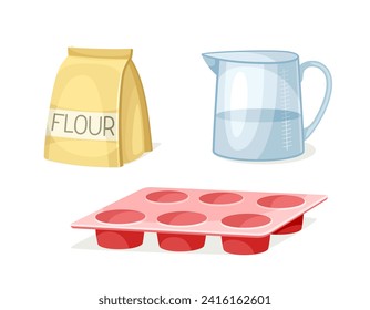 Concepto de cocción. Envase con harina, moldes de plástico rojos y jarra con agua. Cocina y preparación de comida casera. Dibujo vectorial plano de dibujos animados aislado en fondo blanco