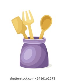 Item for baking concept. Wooden spatula, spoon and fork. Cooking and preparation of homemade eating. Template and layout. Cartoon flat vector illustration isolated on white background