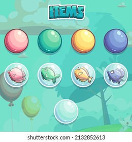 Los botones de elemento configuran la pantalla de ilustración vectorial. Imagen de fondo brillante para crear juegos originales de video o web, diseño gráfico, salvapantallas.