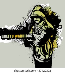 Item from Ghetto Warriors vector collection. Gangster on dirty graffiti background. Vector illustration.