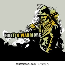 Item from Ghetto Warriors vector collection. Gangster on dirty graffiti background. Vector illustration.