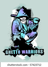 Item from Ghetto Warriors vector collection. Gangster on dirty graffiti background. Vector illustration.