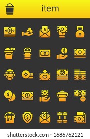 item icon set. 26 filled item icons. Included Money, Bucket, Weight, Hipster, Weights icons