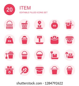 item icon set. Collection of 20 filled item icons included Bucket, Weight, Crank arm