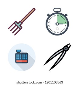 item icon set. vector set about tongs, pitchfork, cashier and stopclock icons set.
