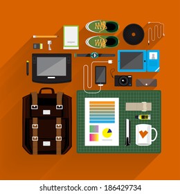 Item lifestyle and marketing on top view by vector platform flat design and longshadow
