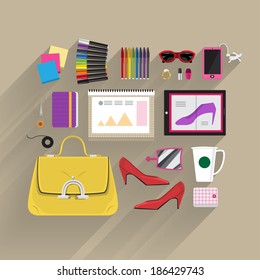 Item lifestyle and marketing on top view by vector platform flat design and longshadow