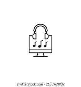 Item on pc monitor. Outline sign suitable for web sites, apps, stores etc. Editable stroke. Vector monochrome line icon of headphones and notes on computer monitor 