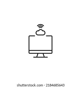 Item on pc monitor. Outline sign suitable for web sites, apps, stores etc. Editable stroke. Vector monochrome line icon of cloud and internet waves on computer monitor 