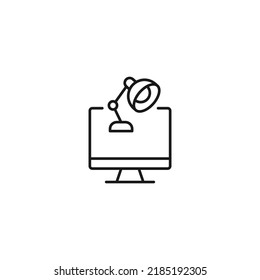 Item on pc monitor. Outline sign suitable for web sites, apps, stores etc. Editable stroke. Vector monochrome line icon of table lamp on computer monitor 