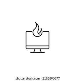 Item on pc monitor. Outline sign suitable for web sites, apps, stores etc. Editable stroke. Vector monochrome line icon of fire or flame on computer monitor 