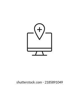 Item on pc monitor. Outline sign suitable for web sites, apps, stores etc. Editable stroke. Vector monochrome line icon of cross in geotag on computer monitor 