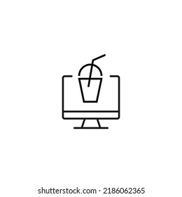 Item on pc monitor. Outline sign suitable for web sites, apps, stores etc. Editable stroke. Vector monochrome line icon of soda in disposable cup on computer monitor 