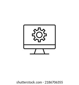 Item on pc monitor. Outline sign suitable for web sites, apps, stores etc. Editable stroke. Vector monochrome line icon of gear or cogwheel on computer monitor 