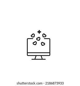Item on pc monitor. Outline sign suitable for web sites, apps, stores etc. Editable stroke. Vector monochrome line icon of glow and hearts on computer monitor 