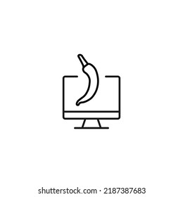 Item on pc monitor. Outline sign suitable for web sites, apps, stores etc. Editable stroke. Vector monochrome line icon of chili pepper on computer monitor 