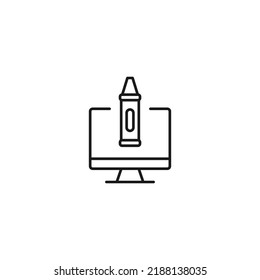Item on pc monitor. Outline sign suitable for web sites, apps, stores etc. Editable stroke. Vector monochrome line icon of pencil for drawing or stylus on computer monitor 