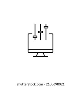 Item on pc monitor. Outline sign suitable for web sites, apps, stores etc. Editable stroke. Vector monochrome line icon of sound bar on computer monitor 