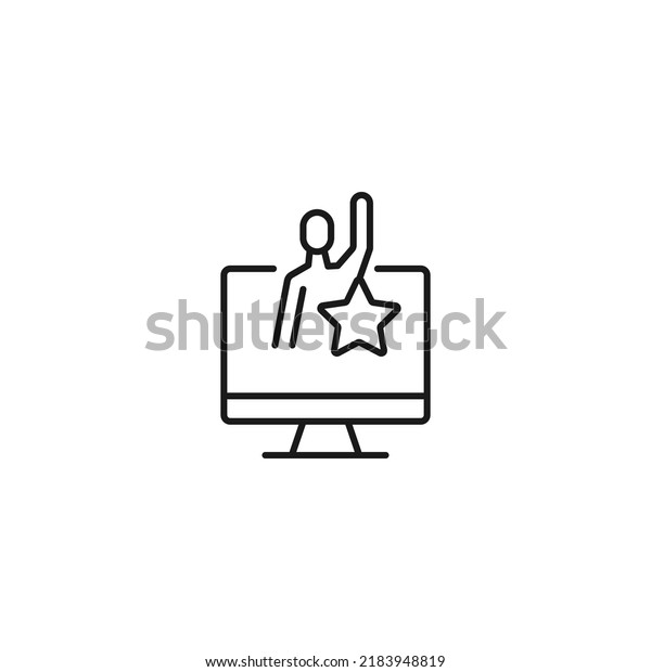 Item on pc monitor. Outline sign\
suitable for web sites, apps, stores etc. Editable stroke. Vector\
monochrome line icon of star by man on computer monitor\
